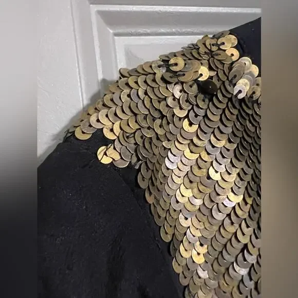 Madewell Black Silk & Gold Sequin Shoulder Accent Back Ribbon Cutout Dress - Picture 6 of 12